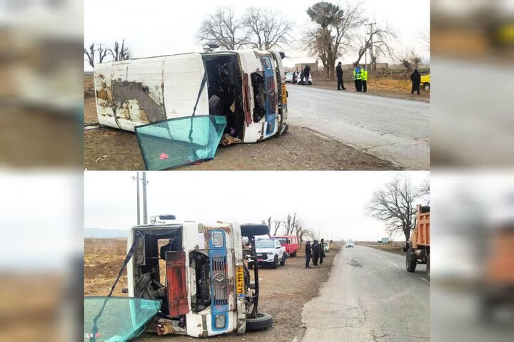 آخرین وضعیت واژگونی مینی بوس در نیشابور؛۱۴ نفر مصدوم شدند