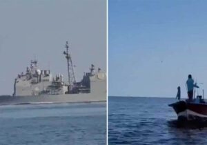 ببینید | حرکت جالب قایق صیادی بوشهری در تذکر به ناوشکن آمریکایی